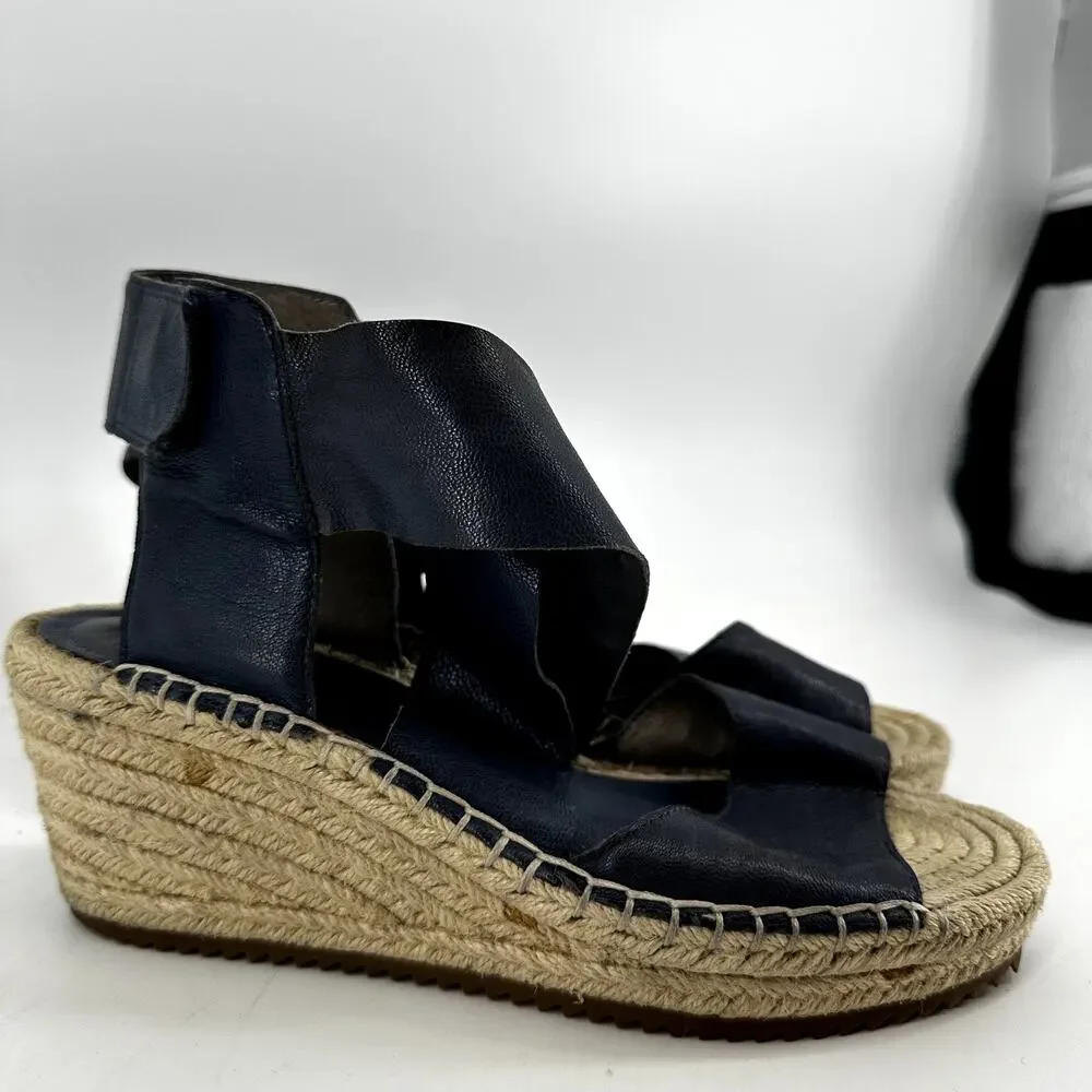 Eileen Fisher Willow Espadrille Sandals Wedge Strappy Tumbled Leather Black 7
